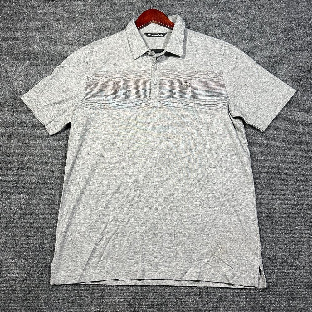 Travis Mathew Polo Shirt Mens Large Gray Stripe Short Sleeve Logo Split Hem